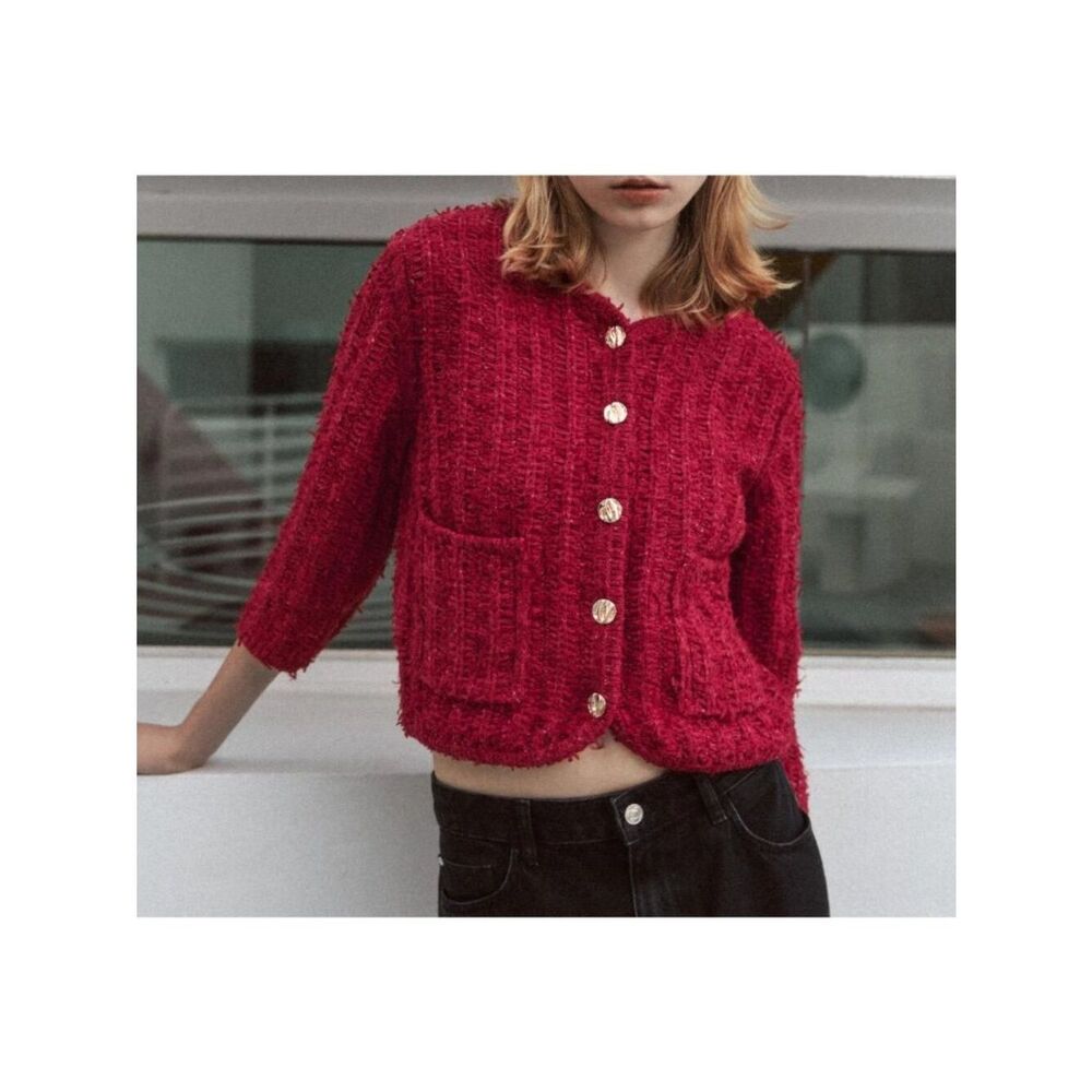 Zara Womens Sweater S Red Knit Cardigan 3/4 Sleeve Gold Button Crop 4192/006 NWT